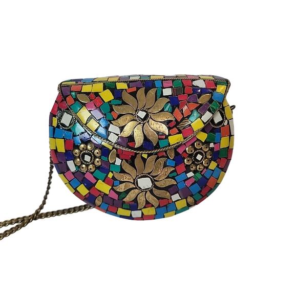 Vtg Himalayan Handmade Tibetan Mosaic Inlay Boho Clutch Evening Bag Multicolor - Picture 1 of 14